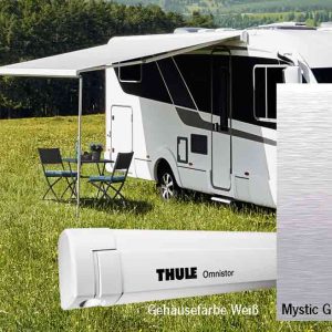 Thule Omnistor stenska markiza z motorjem, 4,5 m, belo ohišje, tkanina Mystic Grey