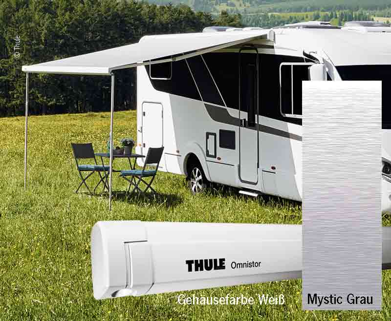 Thule Omnistor stenska markiza z motorjem, 4,5 m, belo ohišje, tkanina Mystic Grey