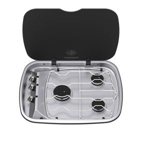 Plinska plošča s 3 gorilniki 2x 1,5 kW + 1x 2,5 kW, krmilni gumbi levo