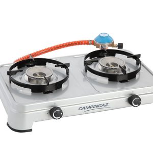 Campingaz Camping Cook plinski kuhalnik s cevjo in ušesom; regulator za CV kartušo, 2 gorilnika