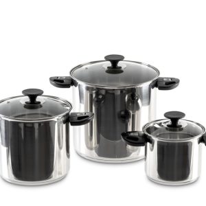 Camp4 6-delni set loncev iz nerjavečega jekla - z zložljivimi ročaji in steklenim pokrovom