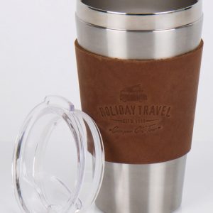 HOLIDAY TRAVEL vakuumski vrč s pokrovom, iz nerjavečega jekla, 450 ml, z usnjenim ovitkom